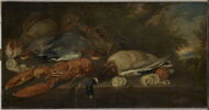 Trophées de chasse et de pêche sur fond de paysage
ou Nature morte au homard, image 1/3