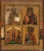 Icône quadripartite : au registre supérieur, à gauche, Saint Nicolas, avec dans la partie supérieure les fi	du Christ et de la Vierge, à droite,
la Vierge de Théodore, dite de Kostroma (ou Feodorovskaïa) ; au registre inférieur, à gauche, Notre-Dame de tous les affl	, à droite, Saint Nicétas ; sur les bords, à mi-hauteur, l’Ange gardien (à gauche) et Sainte Pélagie (à droite)., image 2/3