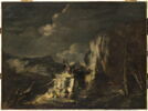 Paysage rocheux avec un chasseur et des guerriers, image 1/4