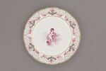 Assiette d'une série de quarante et une (R 510 à 549 bis); du service en pâte tendre blanche décorée de vases fleuris et d'amour en camaïeu rose et à bordure oeil de perdrix doré (R 489 à 549), image 1/3