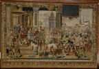 Le mois de février ou Le signe des poissons ou Scène allégorique : L'assemblée au palais du roi Modus et de la reine Raccio foulant aux pieds l'oisiveté et la gourmandise (?), de la tenture dite des Chasses de Maximilien, image 2/3