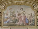 Plafond : Salon de la paix : La Paix mettant le feu à un monceau d'armes (ou la Paix), au dessus de la corniche, côté sud., image 3/4