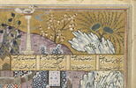 Le roi Khosrow Anushirvan et son vizir devant un palais en ruines, écoutant les doléances des deux oiseaux (page d'un 