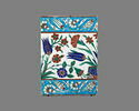 Carreau de bordure à la frise de pots et de touffes de fleurs. Bordure de rinceaux de fleurettes sur fond turquoise, image 1/2
