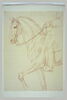 Partie antérieure d'un cheval et indication du cavalier, vus de profil vers la gauche, image 2/2