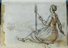 Une femme assise filant une quenouille, image 1/2