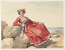 Femme en costume italien, assise sur des rochers, au bord de la mer, image 1/2