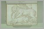 Un lion attaquant un cheval, derrière, au deuxième plan, un homme barbu..., image 2/2