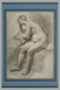 Femme nue, assise, accoudée sur un coussin, riant, image 2/2