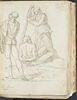 Femme debout tenant un long bâton face à un homme enchaîné et assis..., image 1/2