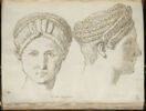 Femme à la coiffure très étudiée, vue de face et de profil vers la droite, image 1/2
