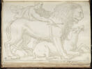 Un lion dominant une antilope, un homme drapé retenant le lion, image 1/2