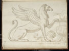 Griffon vu de profil vers la droite, la patte gauche posée sur le bord..., image 1/2