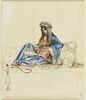 Femme turque à demie-étendue sur un divan et fumant le narguilé, image 1/2