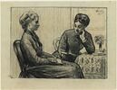 Deux femmes assises près d'une table, l'une lisant, image 1/2