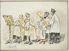 Choeur de six personnages en costume ecclésiastique devant un lutrin, image 1/2
