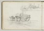 Deux chevaux et un cheval attelé à un tombereau ; paysage, image 1/2