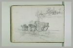 Deux chevaux et un cheval attelé à un tombereau ; paysage, image 2/2