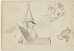 Toit et clocher d'une église et étude d'une tête de chien et de femme lisant, image 1/4