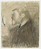Personnage caricaturé, vu de profil, tenant une loupe, image 1/2