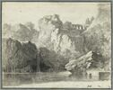 Nappe d'eau dominée par des rochers et un pont, image 1/2