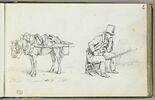 Cheval harnaché ; homme assis, image 1/2
