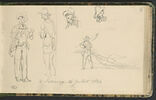 Etudes d'hommes debout, de têtes d'hommes et d'un homme dans un paysage, image 1/2