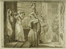 Deux jeunes femmes accueillent d'autres jeunes femmes en costume de pélerins, image 1/2
