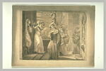 Deux jeunes femmes accueillent d'autres jeunes femmes en costume de pélerins, image 2/2