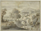 Paysage avec une rivière que franchit un pont, image 1/2
