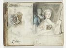 Etude de monument, statue équestre, médaillon avec profil de Louis XV, étude de maisons, image 2/2