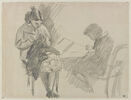 Jeune fille assise, tricotant, et un jeune garçon assis tenant une feuille, image 1/2