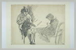 Jeune fille assise, tricotant, et un jeune garçon assis tenant une feuille, image 2/2