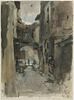 Vicolo à Rome, la ruelle s'enfonce, étroite entre des maisons grises, image 1/3