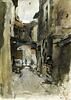 Vicolo à Rome, la ruelle s'enfonce, étroite entre des maisons grises, image 3/3