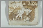 Homme nu, le genou gauche à terre, le bras gauche étendu tenant un cartouche, et reprise de la même figure ; esquisses d'autres figures, d'un profil et d'un casque orné d'un cimier, image 3/3