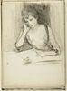 Femme assise à une table, une plume à la main, image 1/2