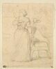 Femme en costume du XVIIIè siècle debout, devant un fauteuil, image 1/2