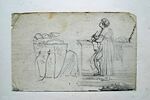 Deux bébés endormis dans un berceau en forme de hotte et un homme drapé (saint Jérôme ?), debout, écrivant sur un rouleau en s'appuyant sur un soubassement sur lequel est posé son chapeau, image 2/2