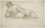 Femme à demi-allongée, de dos, appuyée sur son coude gauche, image 1/2
