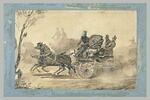 La calèche tirée par deux chevaux, dirigés par un homme avec un fouet, image 2/2