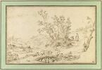 Berger et son troupeau sur un pont, dans un paysage valloné, image 1/2