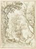 Figures dans une forêt, avec à travers les arbres, une ville au loin, image 1/2