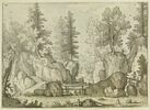 Paysage : rochers et arbres, rivière avec passerelles et deux figures, image 1/2