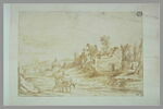Paysage montueux, avec deux hommes et deux mulets sur un chemin, image 2/2