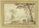 Personnages conversant dans un paysage boisé arrosé d'un ruisseau, image 1/4
