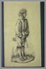 Homme debout, tourné vers la droite, cheveux ébouriffés, tenant une bourse, image 2/2