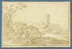 Paysage avec une tour ronde en ruines, deux hommes à cheval et du bétail, image 1/3