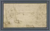 Barques sur une large rivière bordée d'arbres, de maisons et de figures, image 1/2