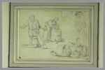 Femme lavant la vaisselle, un homme tenant une bêche, et ustensiles, image 2/2
